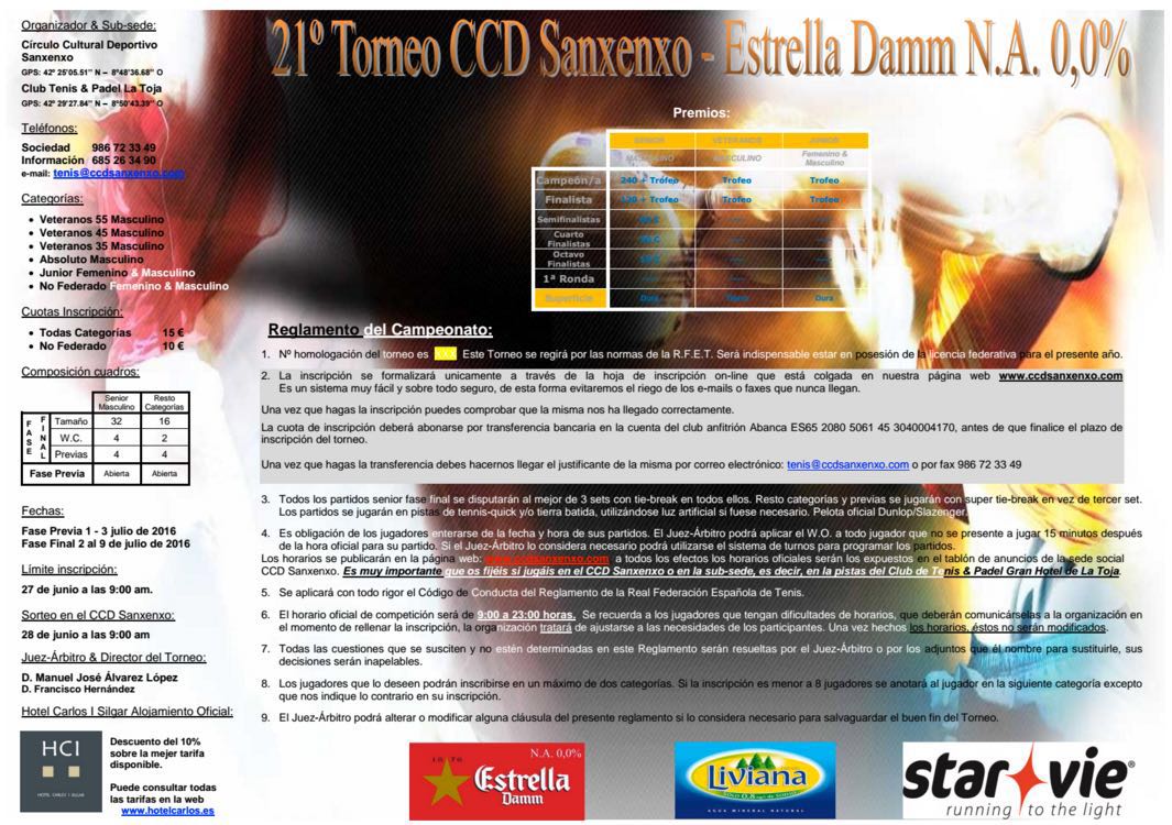 Cartel del 21º Torneo CCD Sanxenxo. Estrella Damm N.A. O,O%